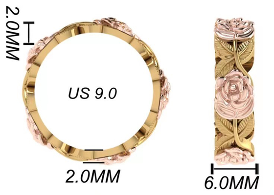 Vòng đính hôn 14K ba màu Hoa và lá Độ dày 2mm Chiều rộng 6mm