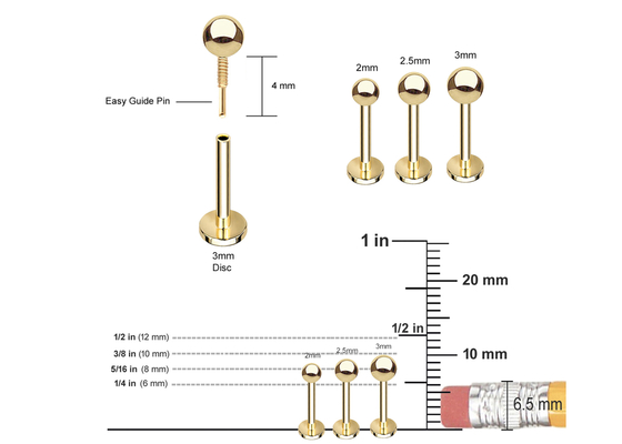 Bông tai bằng sụn vàng OEM 14k, Bông tai xuyên qua cơ thể 5mm 8mm Chiều dài 10mm