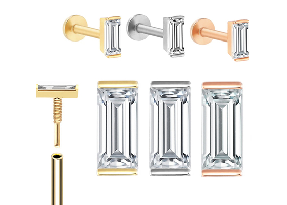 Bông tai trang sức xuyên thấu bằng vàng 14K OEM ODM với kim cương hình chữ nhật