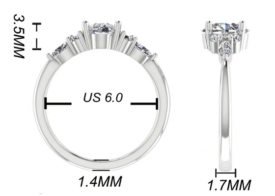 Nhẫn đính hôn kim cương hình bầu dục OEM, nhẫn vàng trắng hình tròn kích thước 7,19x5,15x3,17mm
