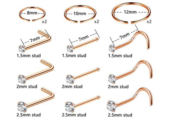 Vòng mũi vàng hồng ODM 18k, chốt xỏ mũi với kim cương tự nhiên 1,5-2,5mm