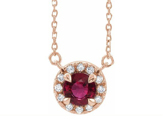 Mặt dây chuyền Ruby tự nhiên bằng vàng 14K Cắt tròn bằng đá Halo 0,6ct 5mm